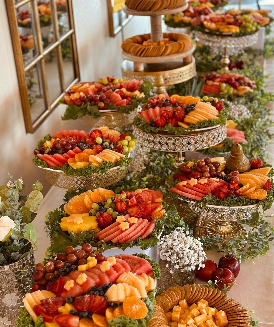 Luxury fruit display on gold and crystal stands